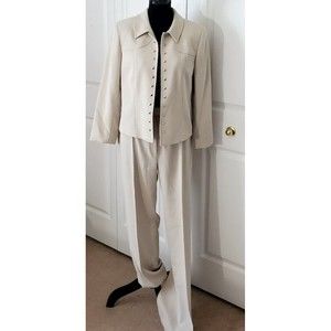 Collezione Juliana Womens 2-Piece Beige Suit Silver Stud Blazer W/Dress Pants 4